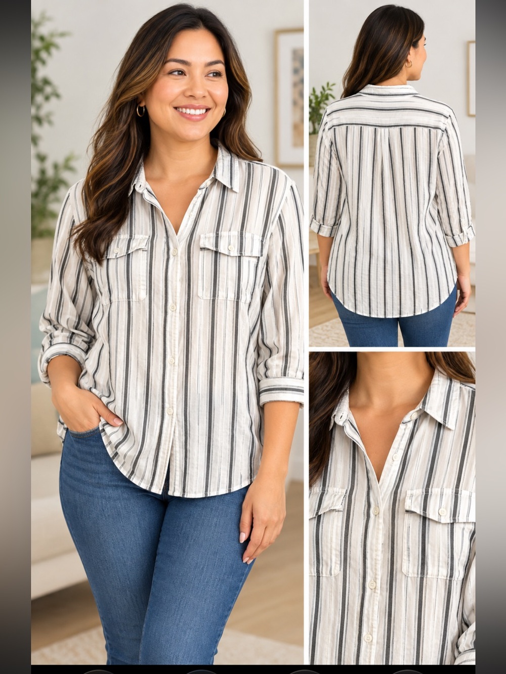 Gloria Vanderbilt Striped Collared Shirt XL Black & White